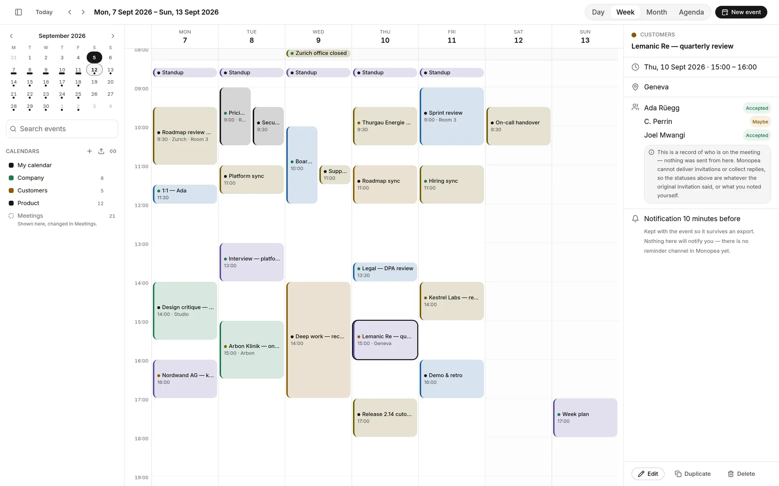 The Calendar app in week view, showing three overlaid calendars with a recurring standup, an all-day banner and overlapping blocks where meetings clash, beside a panel listing an event’s attendees and their RSVP states.