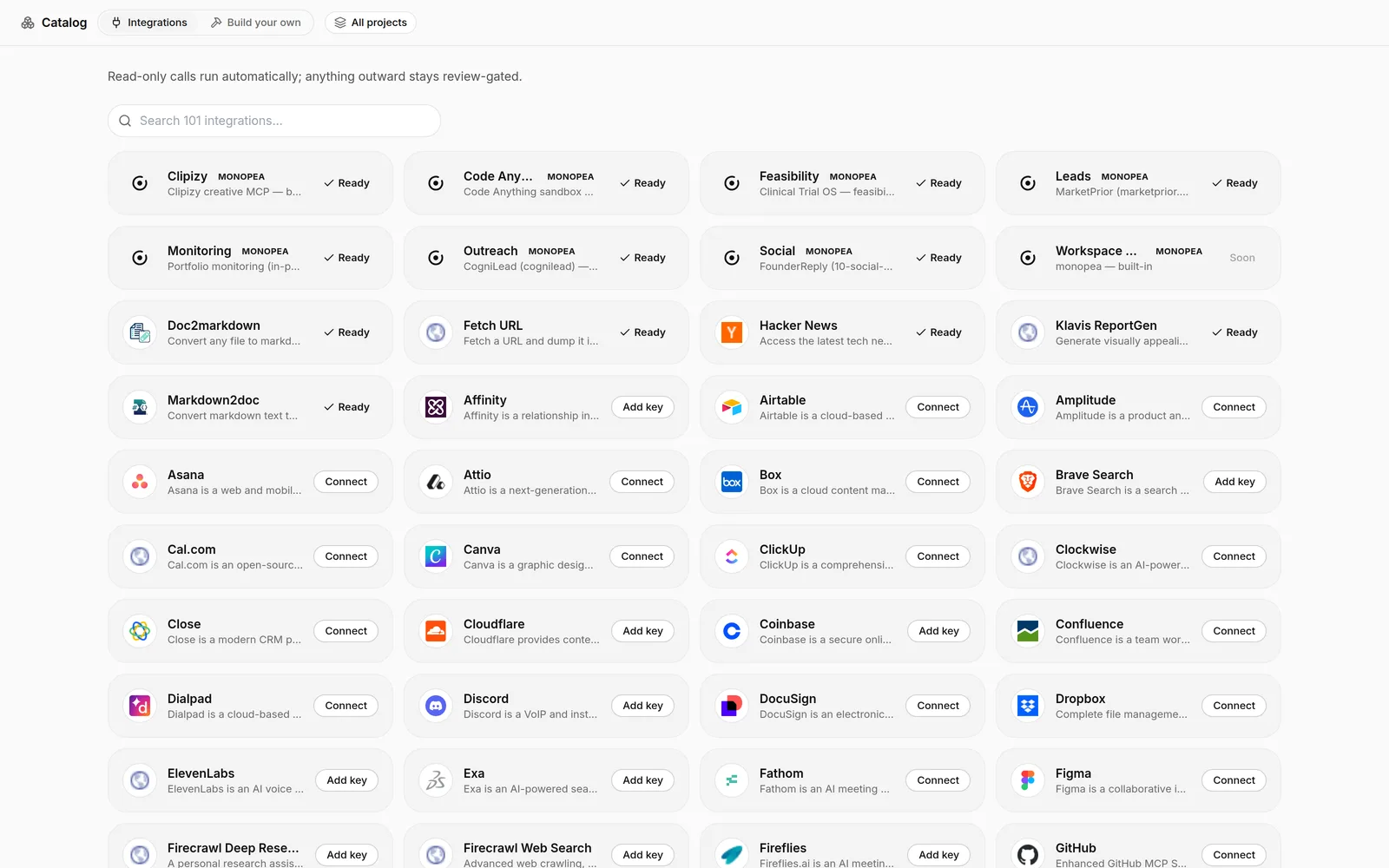 The Catalog, showing a grid of integrations in which only a handful read Ready and the rest await a key or a connection — read-only calls run automatically, anything outward stays review-gated.