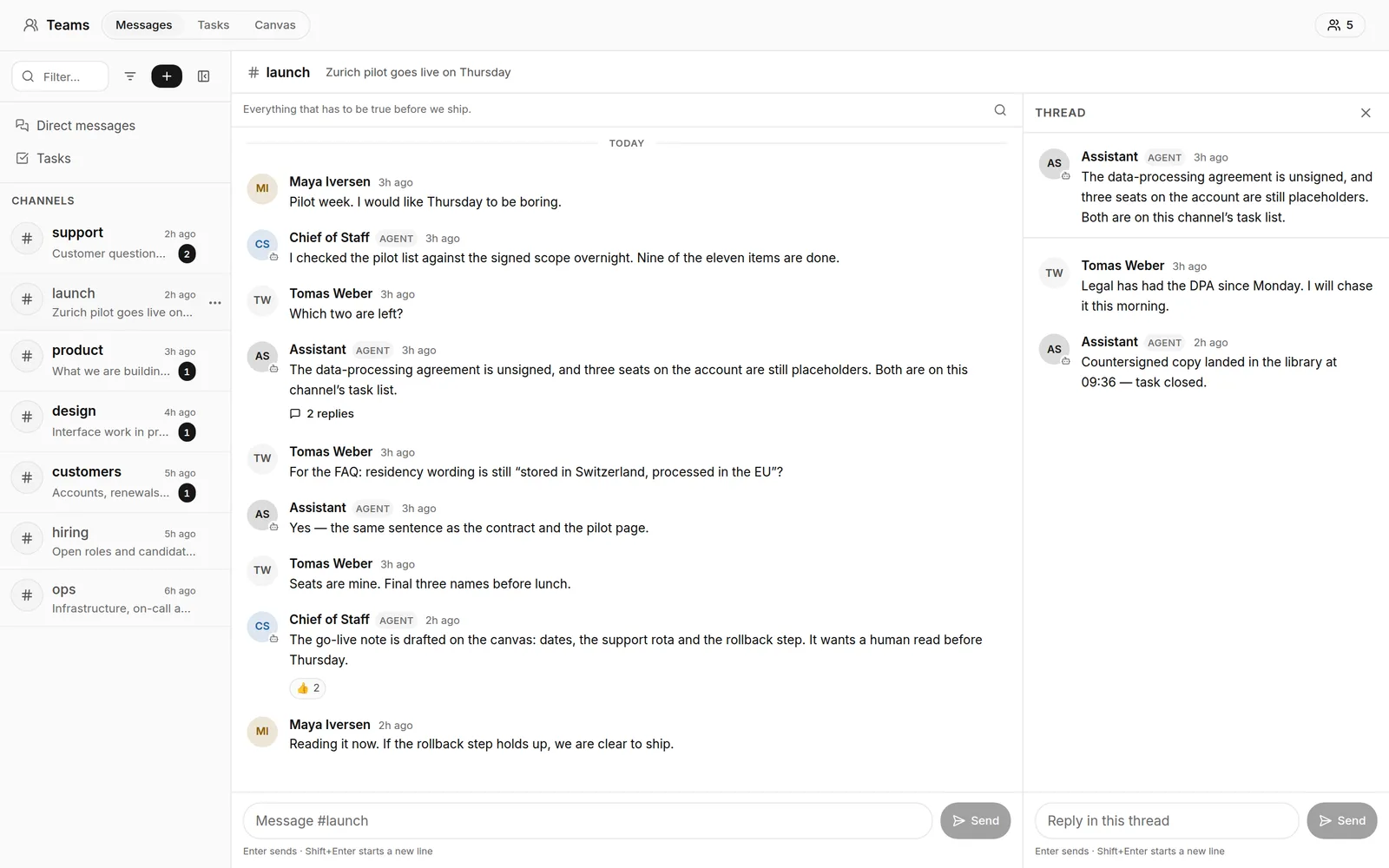 The Teams surface, showing a rail of channels with unread counts and a launch channel where two people and two agents answer each other in one thread, with a reply thread open beside it.