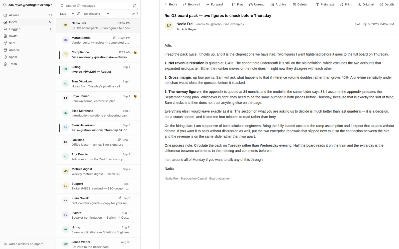 The Mail app, showing a folder rail, a list of message threads and an open message in the reading pane.