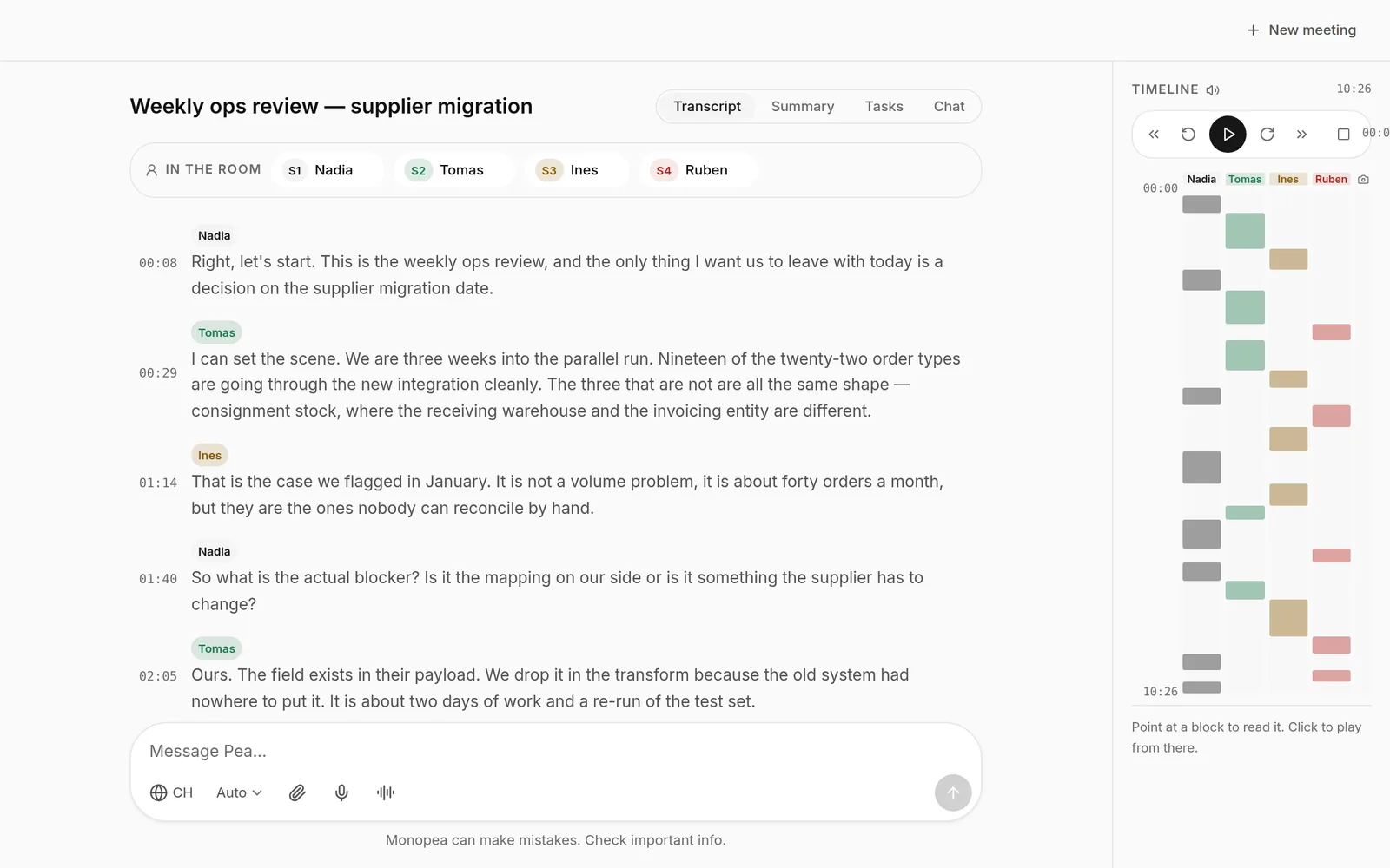 The Meetings surface, showing a recorded call with a speaker-attributed transcript beside a summary of decisions.